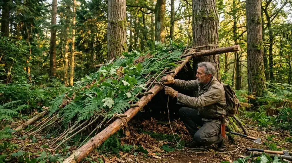Homme construisant un abri avec branches dans forêt dense