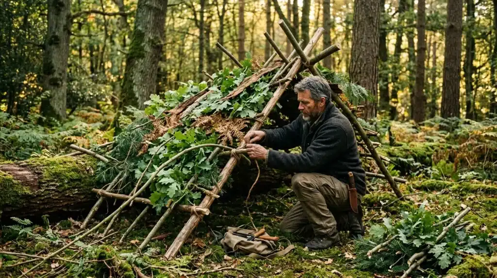 Homme construisant un abri avec branches en forêt