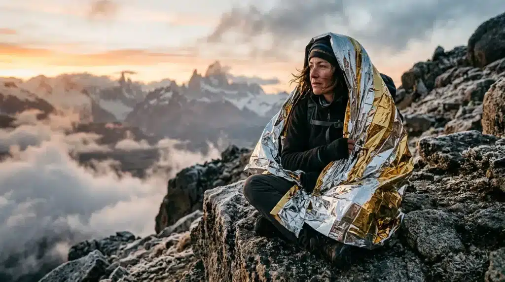 Femme randonneuse enveloppée d'une couverture thermique dorée