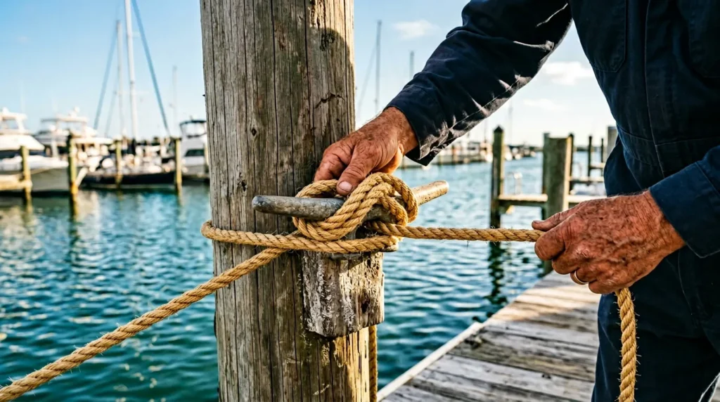 Mains attachant une corde jaune à un poteau en bois