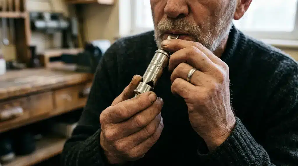 Homme barbu examinant un cylindre métallique dans son atelier