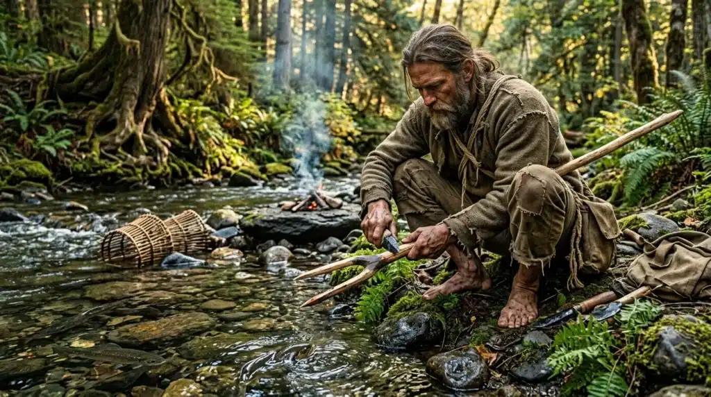 Homme barbu travaillant le bois près d'un ruisseau en forêt
