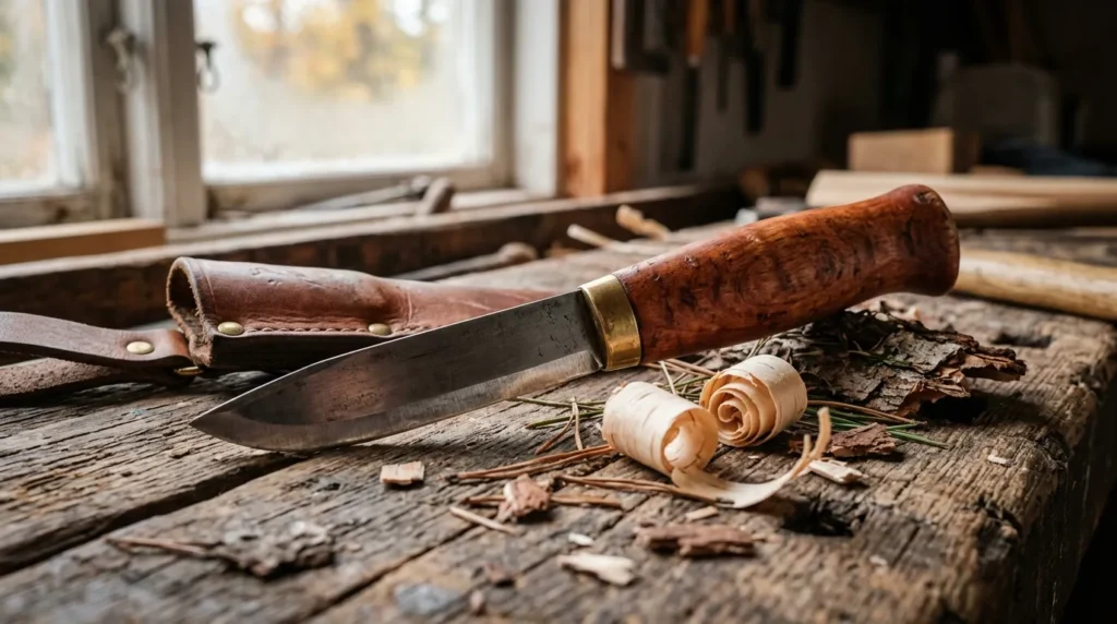 Couteau de bois avec étui cuir et copeaux sciure atelier