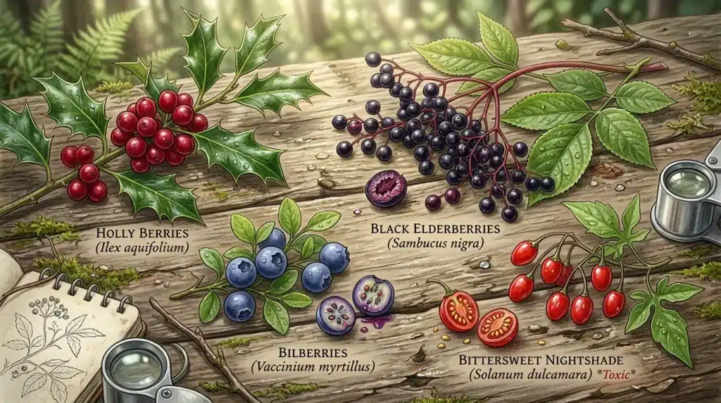 Illustration de baies sauvages avec identification botanique et avertissement toxicité.