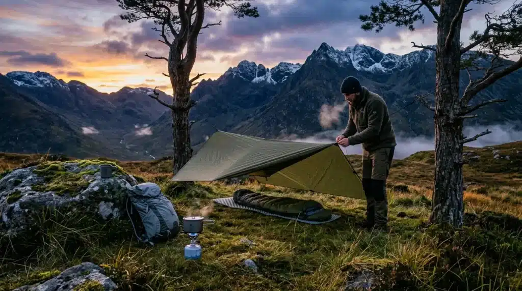 Campeur installant sa tente dans les montagnes enneigées au coucher de soleil