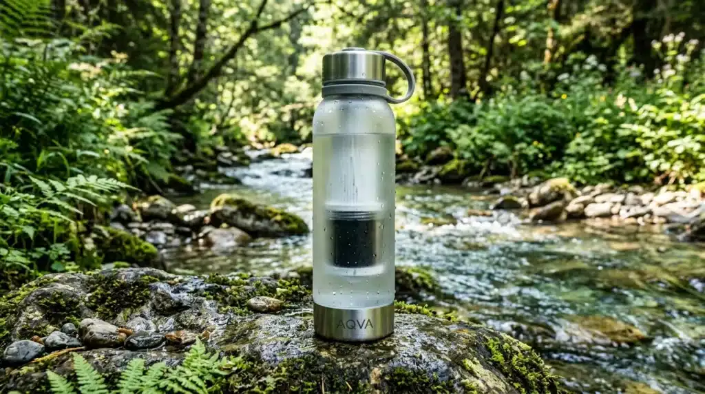 Bouteille d'eau AQUA sur rocher moussu près d'un ruisseau