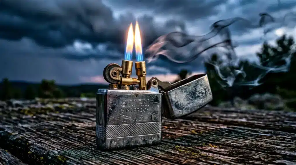Briquet Storm jet powered allumé avec flamme bleue dans paysage orageux