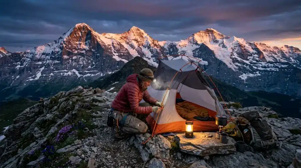 Campeur dans tente illuminée face aux sommets enneigés