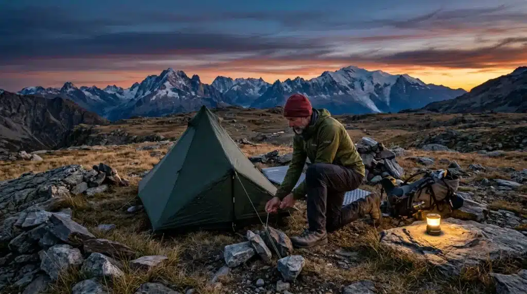 Campeur installant sa tente face aux montagnes enneigées au coucher de soleil