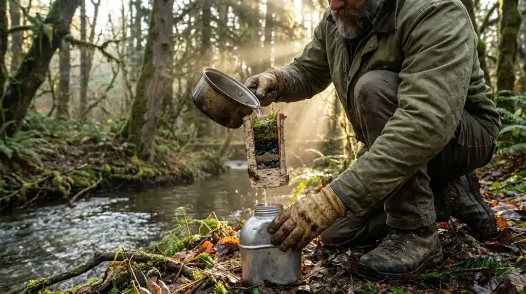 Homme remplissant un récipient d'eau de source en forêt
