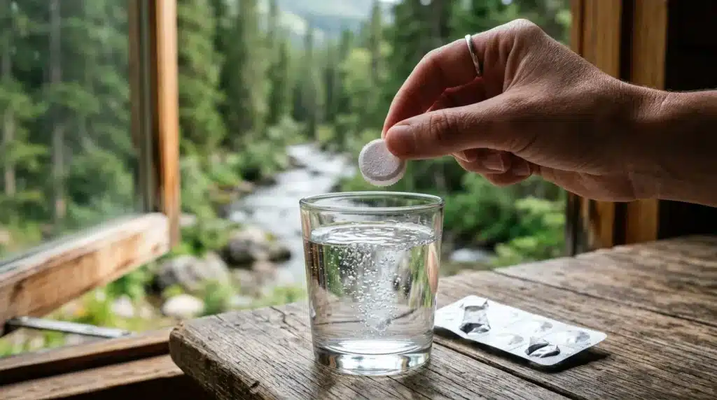 Main versant un comprimé effervescent dans un verre d'eau