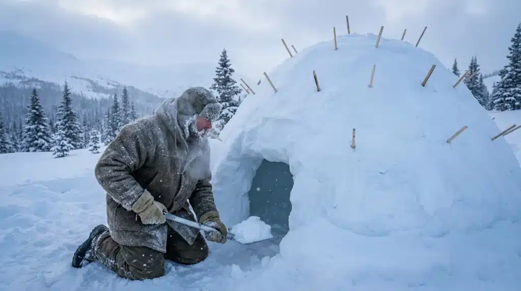 Homme construisant un igloo dans paysage enneigé montagneux