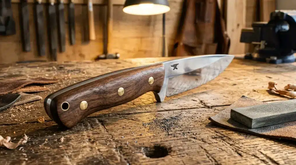 Couteau de chasse avec manche bois sur établi d'atelier