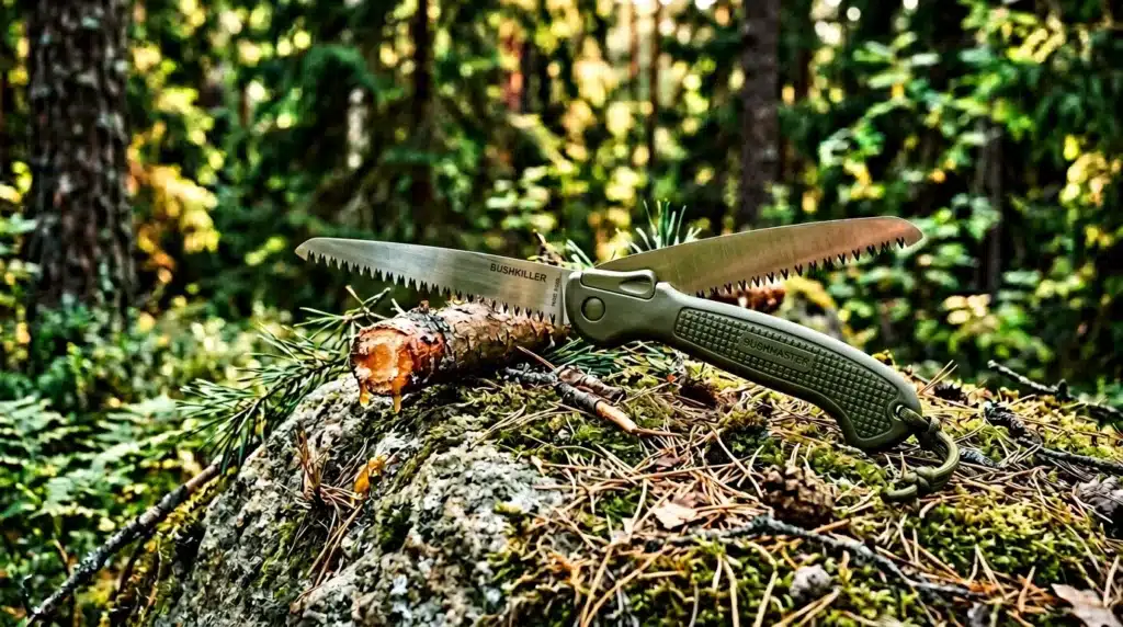 Couteau Bushkiller sur bois moussu en forêt