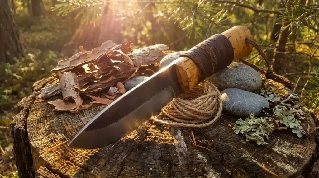 Couteau avec manche en bois sur tronc d'arbre en forêt