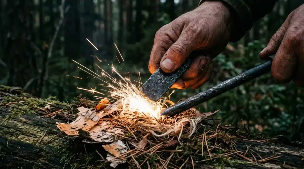 Mains créant du feu par friction sur du bois sec