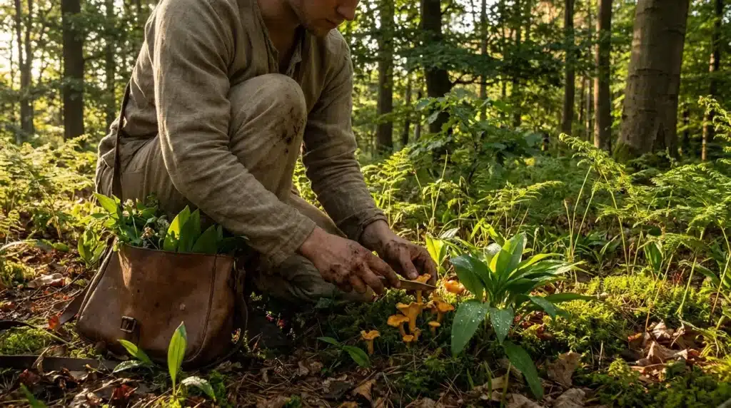 Homme récoltant des champignons dorés en forêt verdoyante