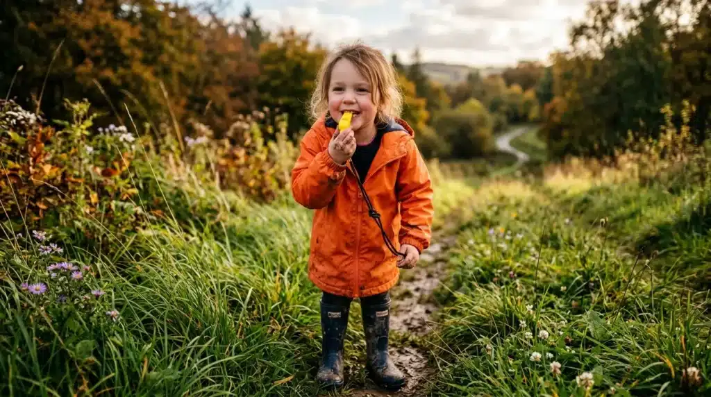 Petite fille en veste orange mangeant une sucette en campagne
