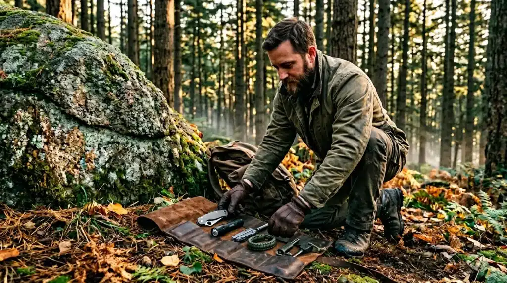 Homme organisant ses outils de survie en forêt automnale