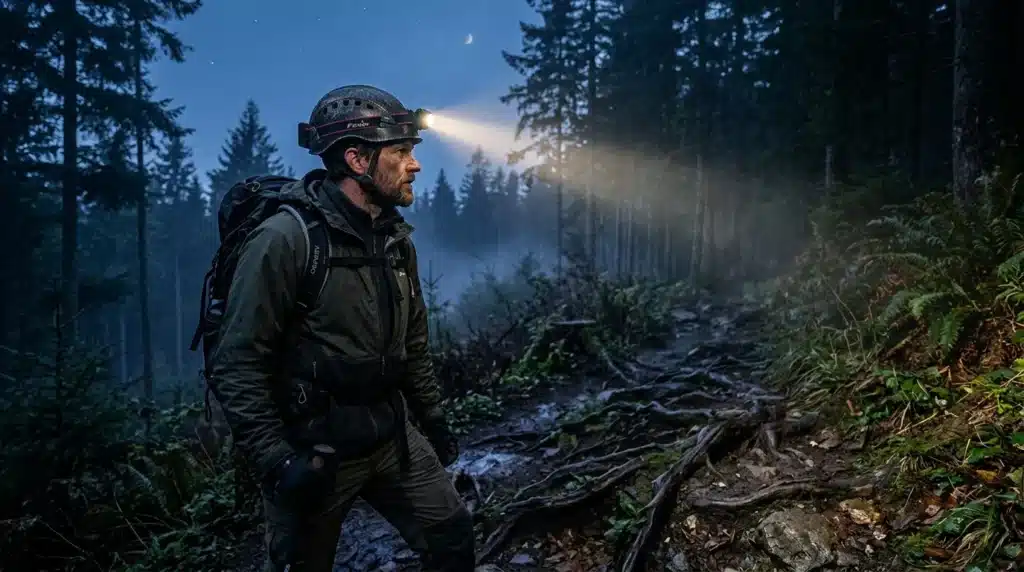 Randonneurs équipé de lampe frontale explorant forêt sombre nuit