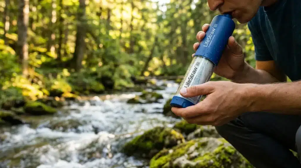 Homme utilisant un filtre LifeStraw près d'un ruisseau en forêt