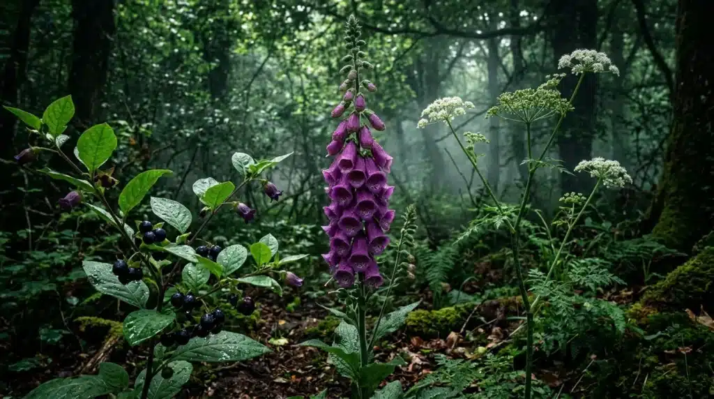 Fleurs pourpres et blanches dans une forêt verte et brumeuse