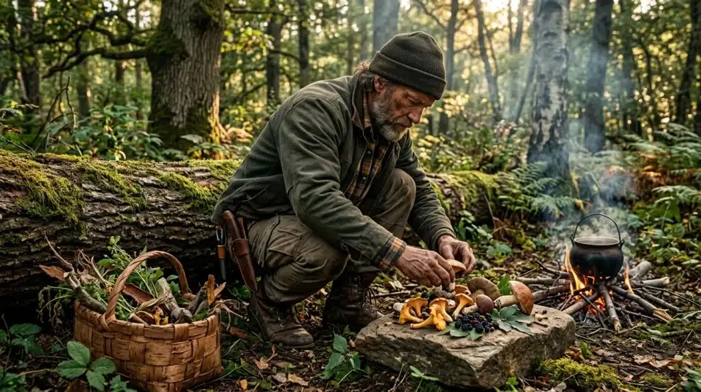 Homme récolte champignons dorés en forêt dense