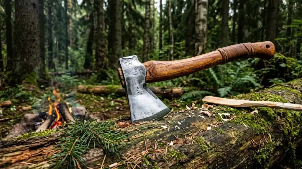 Hache plantée sur bûche en forêt dense avec feu