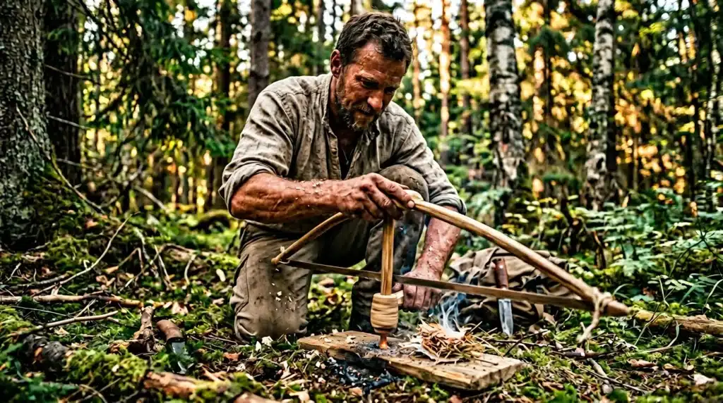 Homme barbu allume un feu avec du bois en forêt