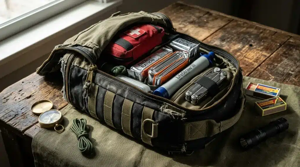 Sac tactique ouvert contenant équipement de survie et navigation
