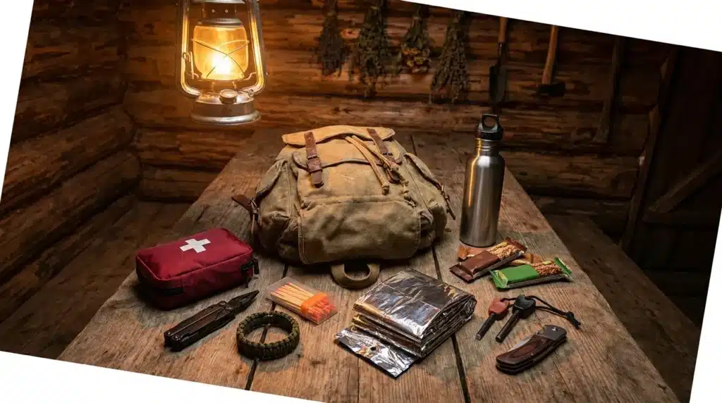 Équipement de camping et survie disposé sur table en bois