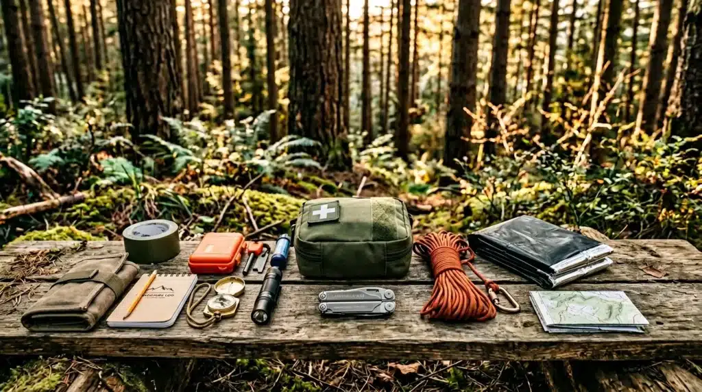 Équipement de randonnée et survie disposé sur bois en forêt