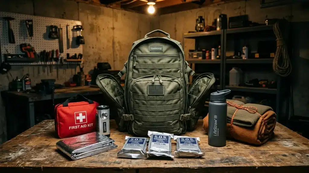 Sac à dos militaire avec équipement de survie organisé