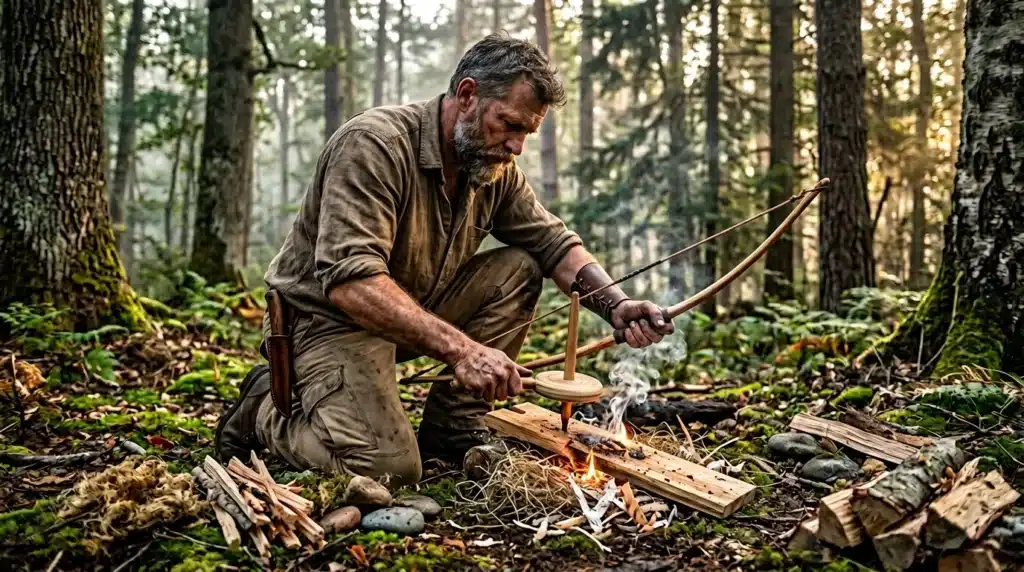 Homme barbu allumant un feu avec arc primitif en forêt
