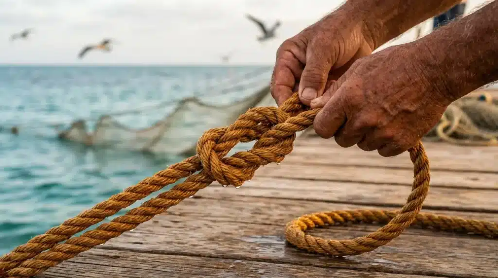 Mains nouant une corde sur un ponton en bois, mer en arrière-plan