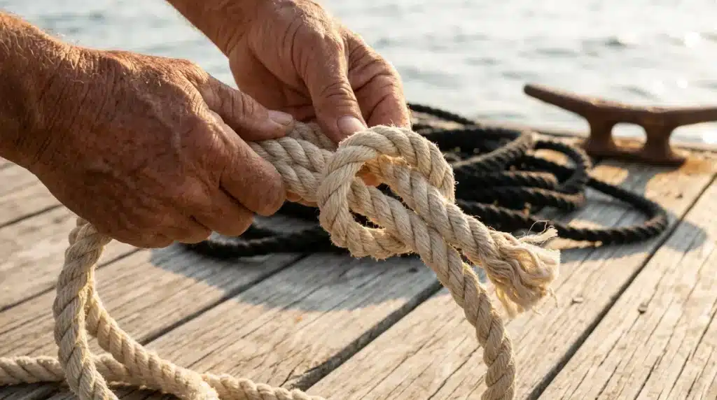 Main nouant une corde blanche sur un ponton maritime
