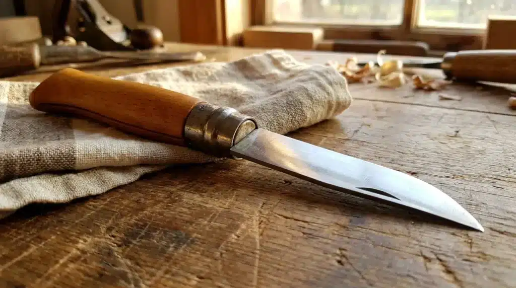Couteau de menuisier avec manche en bois sur établi