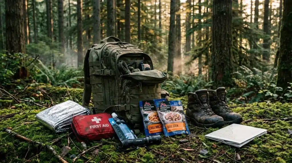 Sac à dos, bottes, nourriture et trousse secours en forêt