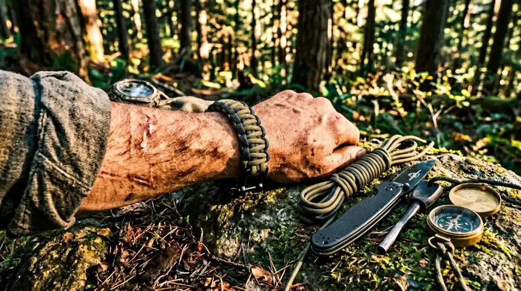 Main avec bracelet paracorde et outils de survie en forêt