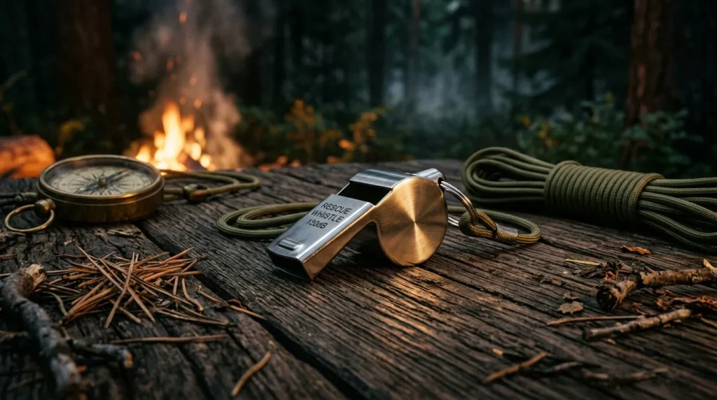 Sifflet, boussole et corde près d'un feu de camp