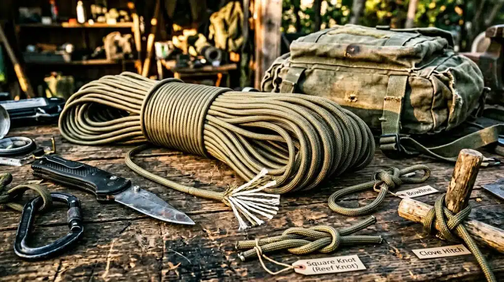 Corde, couteaux et nœuds de survie disposés sur table rustique