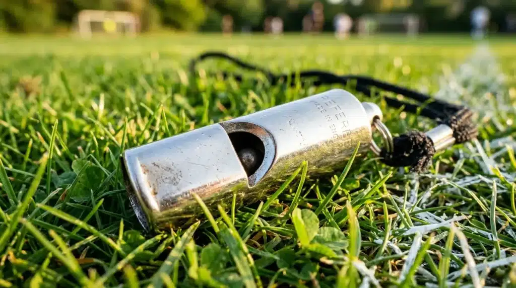 Sifflet métallique usé posé sur l'herbe d'un terrain de sport