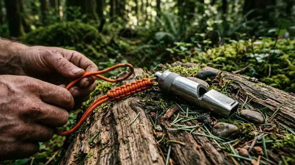 Main tenant un sifflet de survie orange en forêt