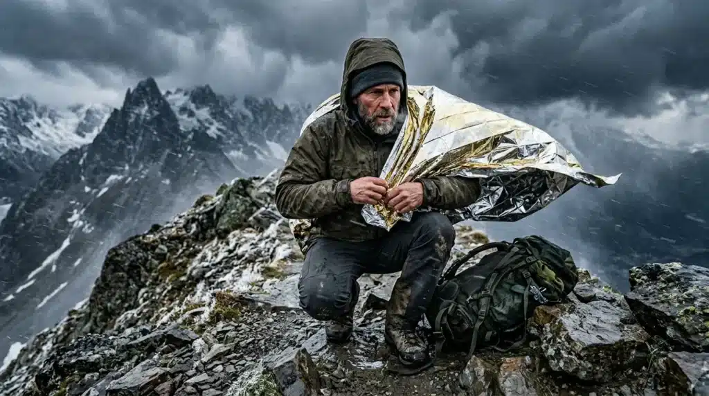 Alpiniste avec couverture de survie en haute montagne enneigée
