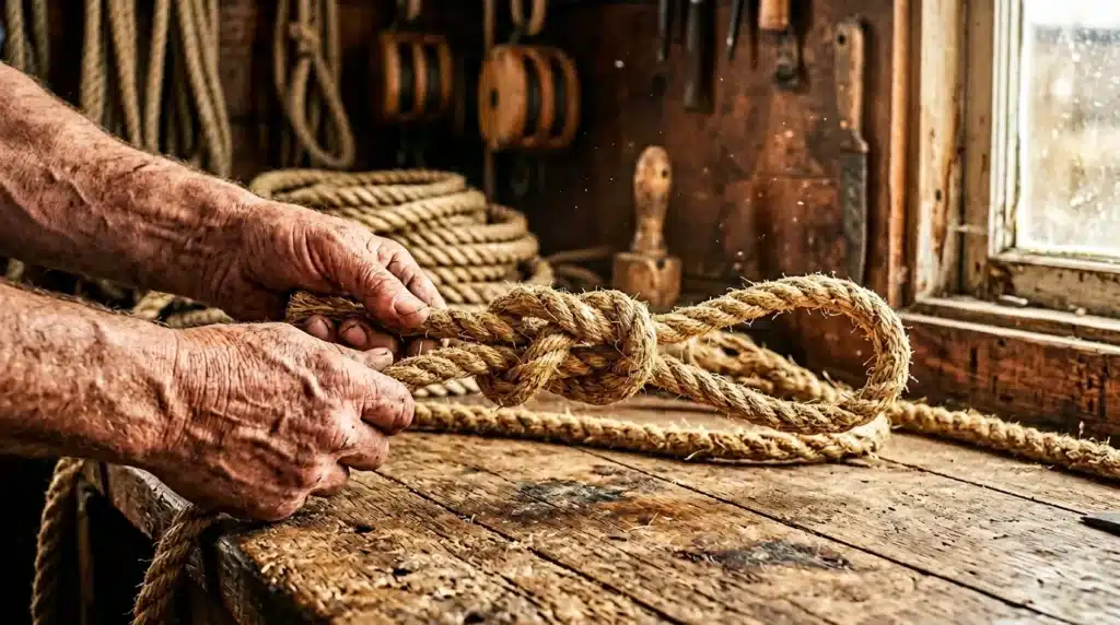 Mains manipulant une corde nouée dans un atelier nautique