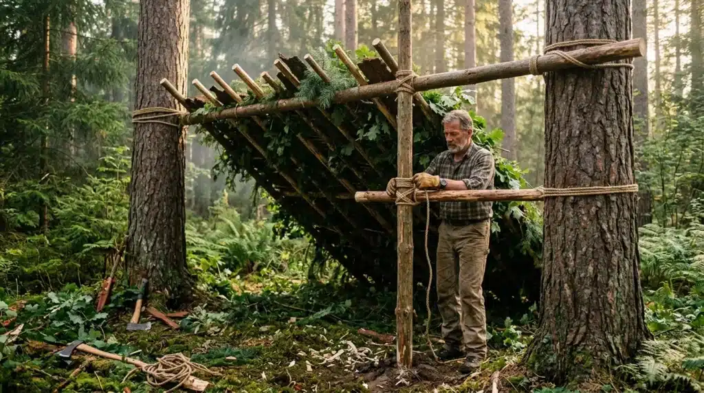 Homme construisant un abri en bois dans la forêt