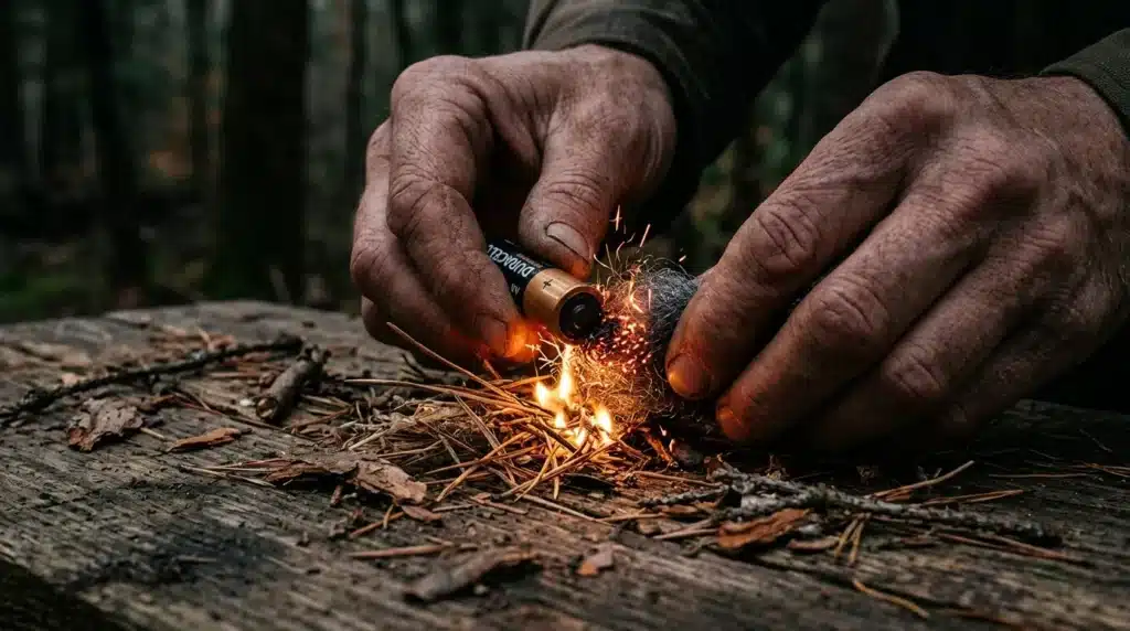 Mains créant un feu avec un briquet sur du bois sec