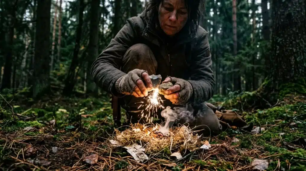 Personne créant des étincelles pour allumer un feu en forêt