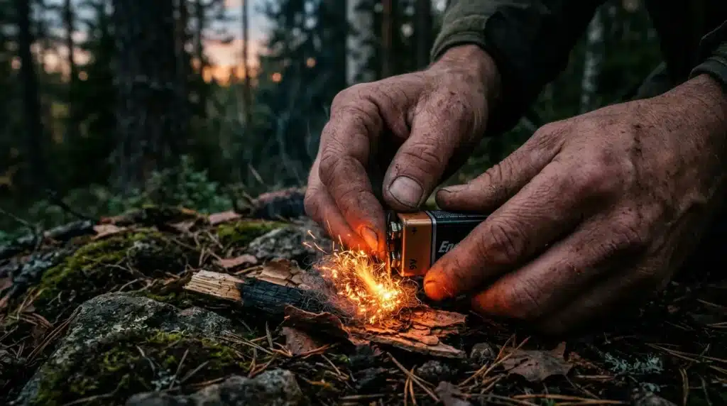Mains créant une flamme avec un briquet dans la forêt
