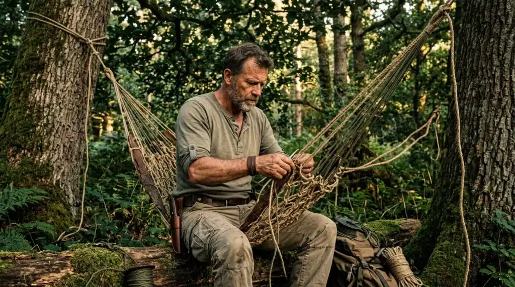 Homme tressant des fibres végétales en forêt dense